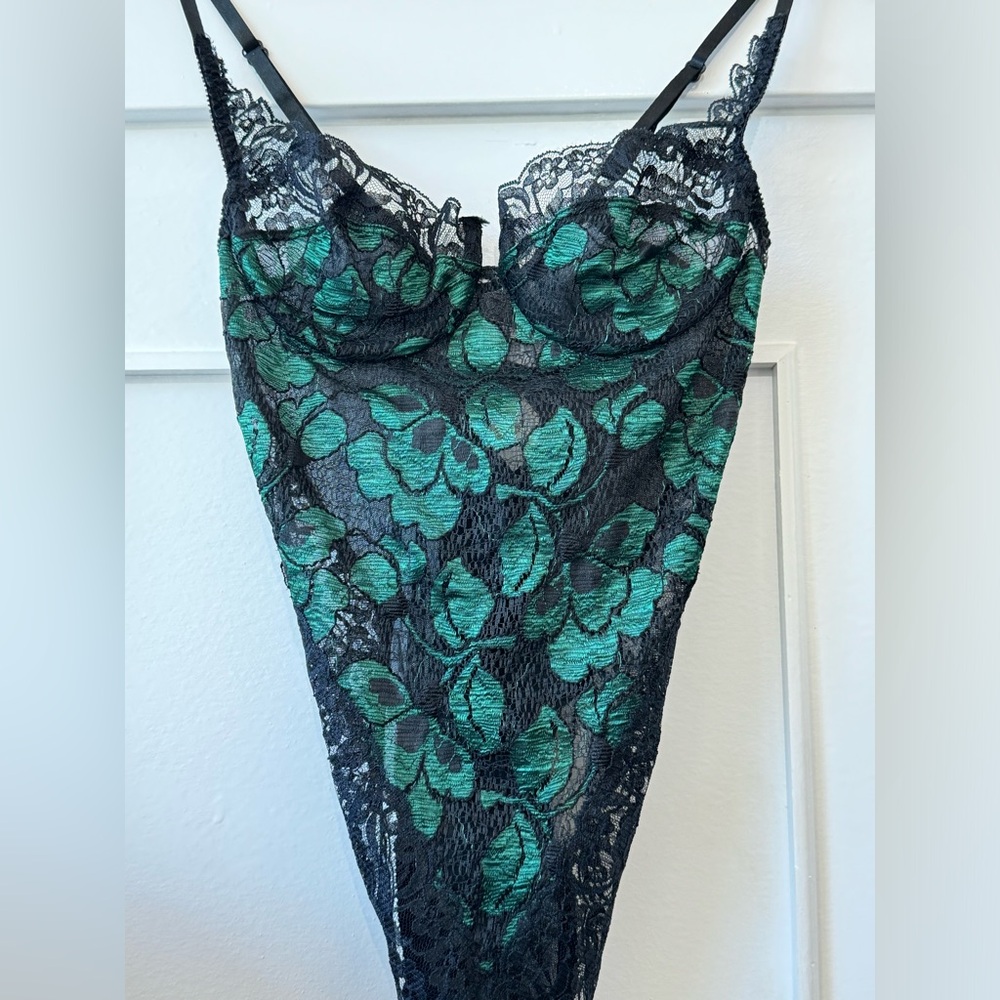Vintage NOS Victorias Secret ILGWU Tag Teddy Lingerie Green Black Rare M Sexy